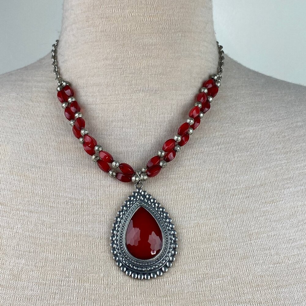 Ruby Rd Red & Silver Tone Boho Pendant Beaded Necklace 22"